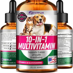 Vetflix Pet Vitamins 10 in 1 - Made in USA - Glucosamine for Dogs & Cats - Dog Supplement for Pet Joint Health - Natural Cat & Dog Multivitamin - All Ages & Breeds - Folic Acid for Cats & Dogs Immune