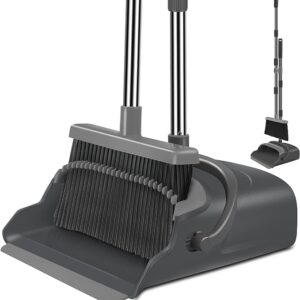 kelamayi Broom and Dustpan Set for Home, Office, Indoor&Outdoor Sweeping, Stand Up Broom and Dustpan (Black&Gray)