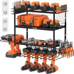 VG1M Power Tool Organizer Wall Mount,Drill Storage Rack Wall Mount with 2 Self-Adhesive Socket Fixers,4 Layers Cordless Drill Holder,6 Drill Holder Wall Mount and Garage Racks for Storage,Iron,Black