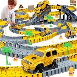 Kids Toys 253 PCS Construction Toys Race Tracks Toy for 3 4 5 6 7 8 Year Old Boys Girls, 5 PCS Construction Truck Car and Flexible Track Play Set Create A Engineering Road Games Toddler Toys Best Gift